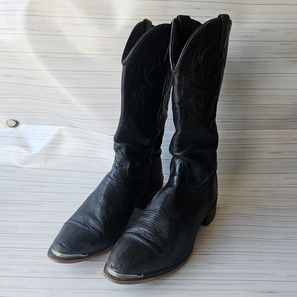 Durango Cowboy Boots Men 12D Black Leather Western Metal Tip Pointed Toe